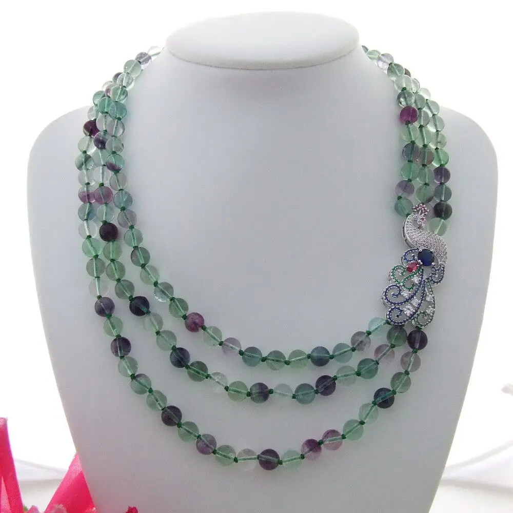 

FC112609 19" 3 Strands 8mm Round Fluorite Necklace CZ Pendant