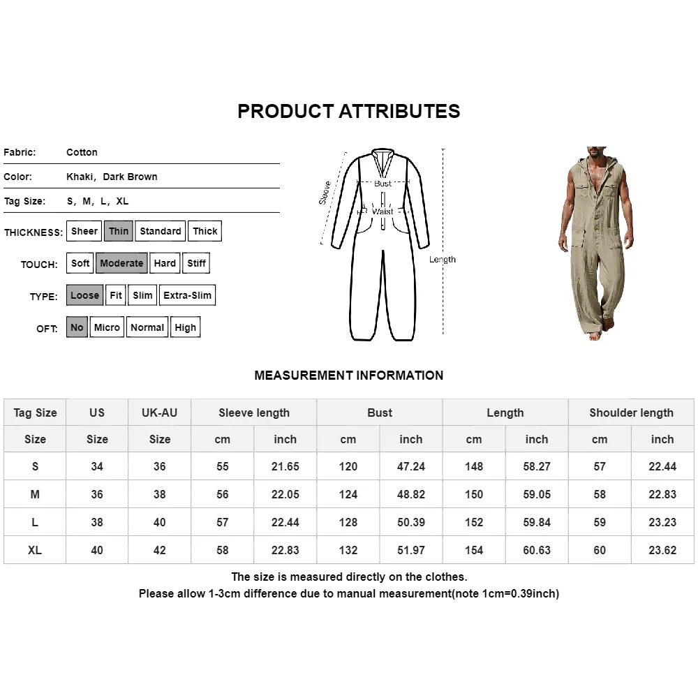Men's Hooded Jumpsuits Autumn Casual Onesie Cotton Blend Hoodies Romper Solid Streetwear Male Sleeveless Multi-pocket Overalls 4