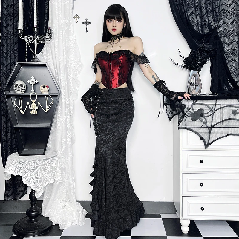 Goth Black Floral Velvet Mermaid Bodycon Long Skirts for Women Y2K Vintage Elegant Eyelet Bandage High-waist Fashion Skirt