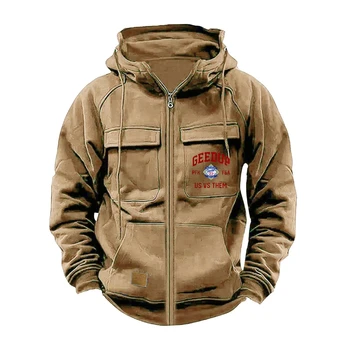 Men's Autumn Solid-Color Zipper Pullover Hooded Sweater Casual Loose Street-Style Multi-Pocket Hooded Sports Coat 1
