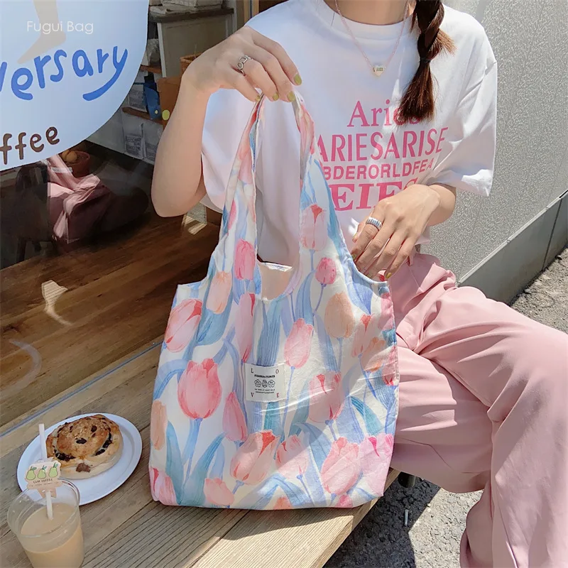Girls Shoulder Bag Tote Underarm Bag for Leisure Commuter Students Colorful Oil Painting Flower Canvas Large Capacity
