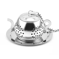 Teapot-Shaped Stainless Steel Loose Tea Infuser with Drip Tray and Chain (Sliver Set)