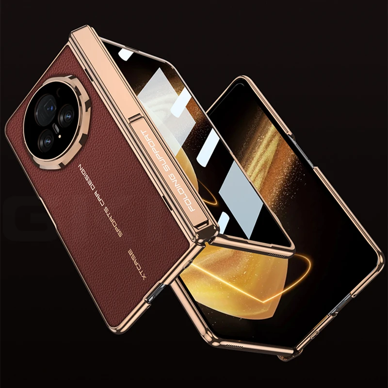 Luxury Plating Leather Screen Glass Case For Honor Magic V3 Magnetic Hinge Brack