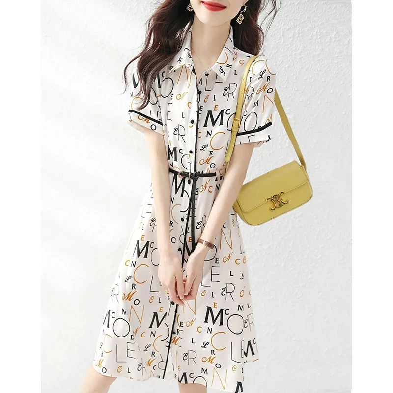 

Elegant Lapel Button Sashes Printed Letter Shirt Dress Women's Clothing 2024 Summer New Loose Office Lady Short Sleeve Dress