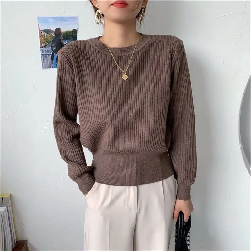 

Women Fashion Vintage Simple Slim Ribbed Basic Knitted Sweater Female Casual O Neck Long Sleeve Solid Pullover Tops Chic Jumpers