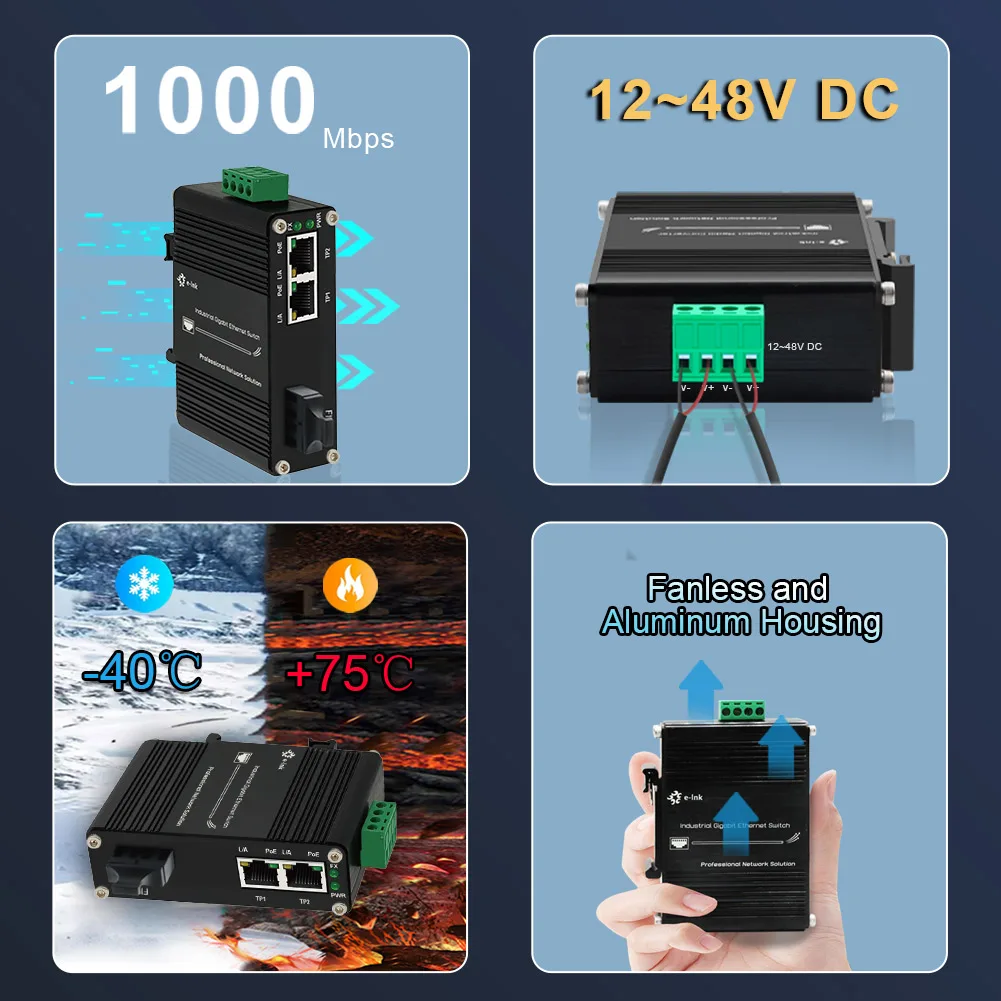 Mini Industrial SC Gigabit Fiber Media Converter 802.3af/at 30W PoE Ethernet Media Converter 2 RJ45 + 1 SC