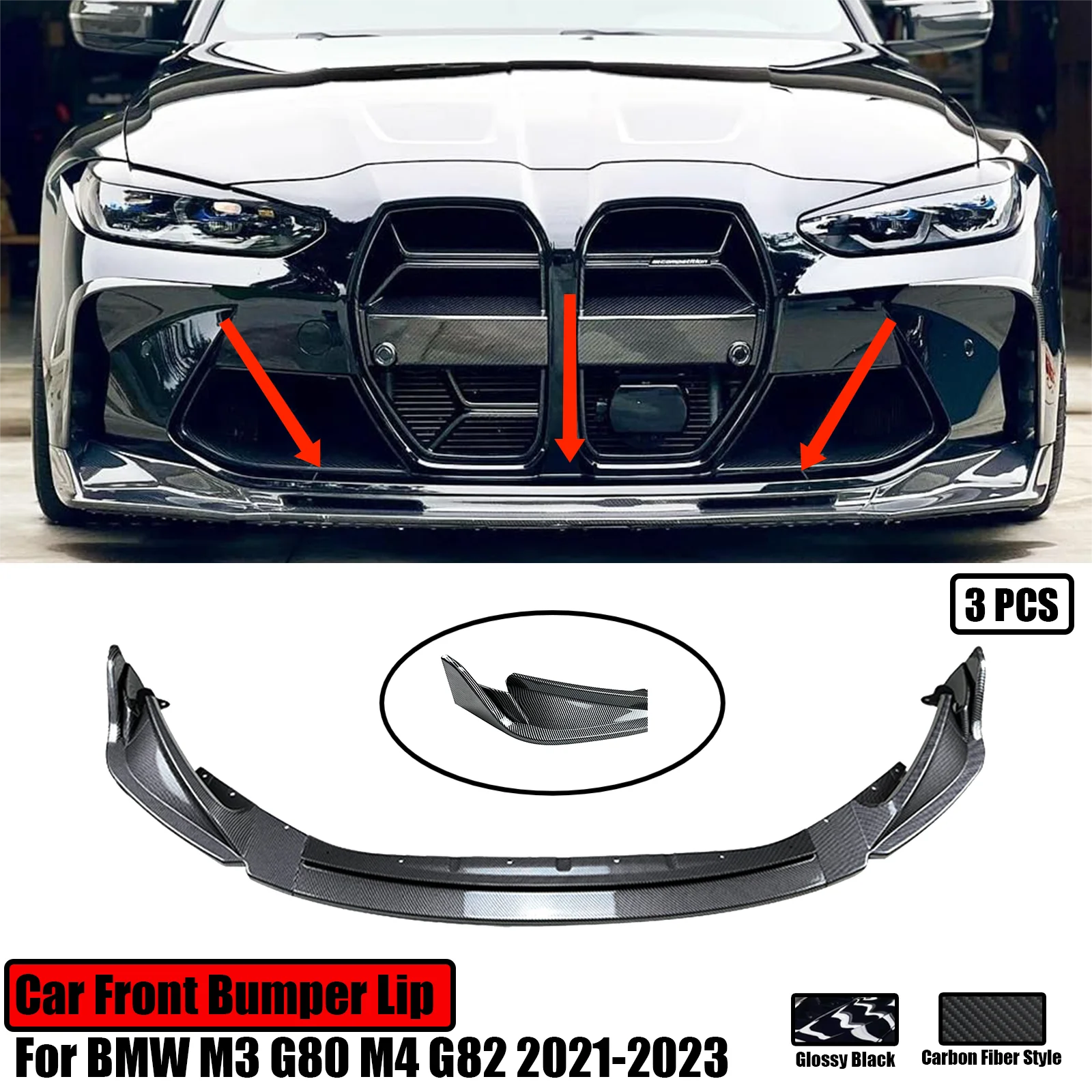 

For BMW M3 G80 M4 G82 2021-2023 Car Front Bumper Lip Splitter Diffuser Spoiler Body Kits Accessories Carbon Fiber Style 3PCS