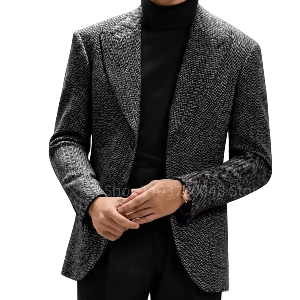 Men's Brown Herringbone Tweed Blazer Single Breasted Two Buttons Prom Tuxedo Business Wedding Jacket Wool Suit Coat