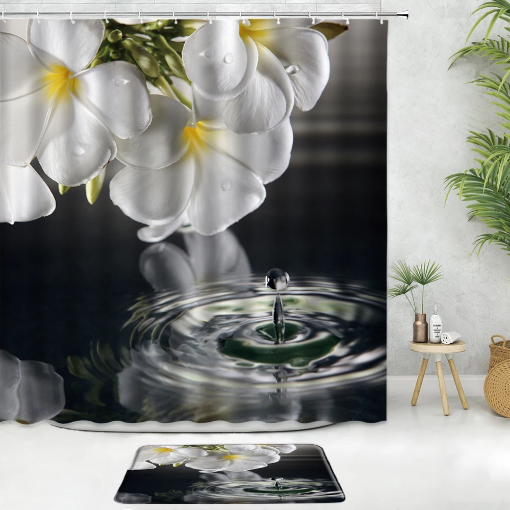 White Flower Shower Curtain Set Bath Mat Orchid Water Surface