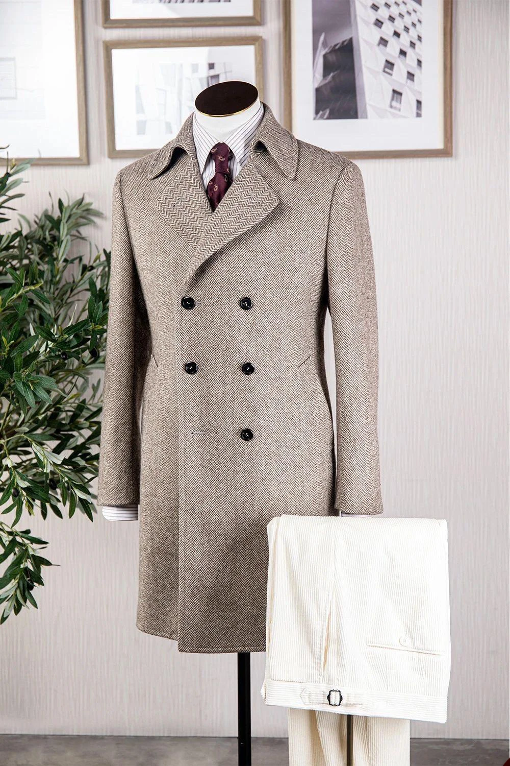 Winter Luxury Long Coat For Men Herringbone Notch Lapel Double Breasted Groom Wear Slim Fit Business Office 2 Pcs Jacket Pants