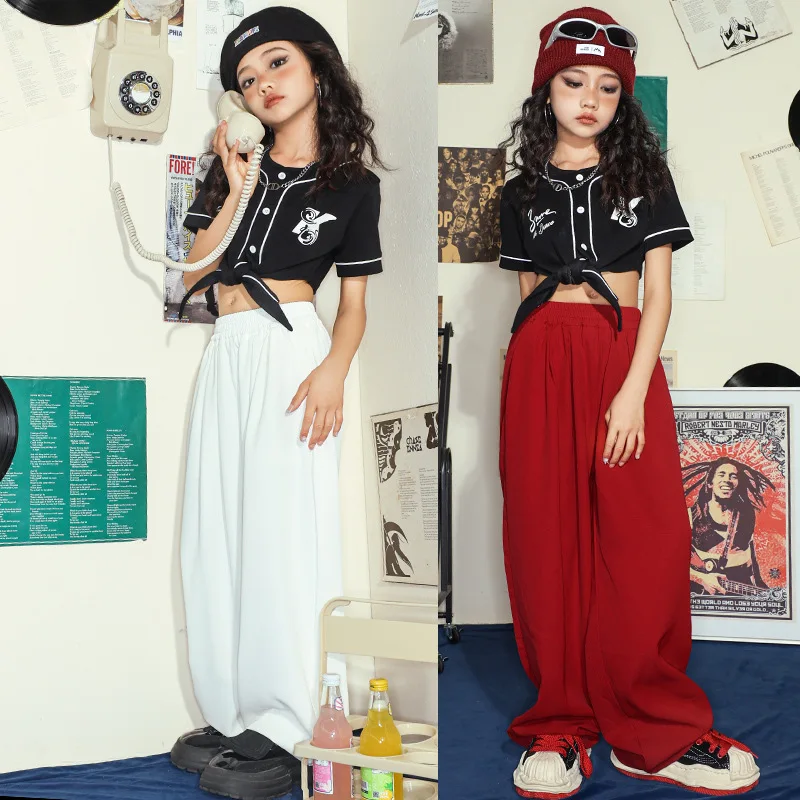 Loose-Fitting Hip-Hop Clothing for Girls Wide Leg Pants  Lace-Up T-Shirt Jazz Dance Cool Performance Practice Set