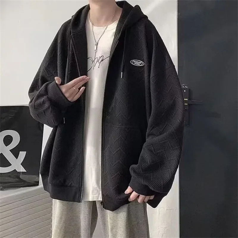 Autumn Jacquard Zipper Hooded Sweatshirt Men Korean Fashion High Street Cardigan Casual Oversized Y2K Vintage Hoodies Jacket customized hoodies,men hoodie