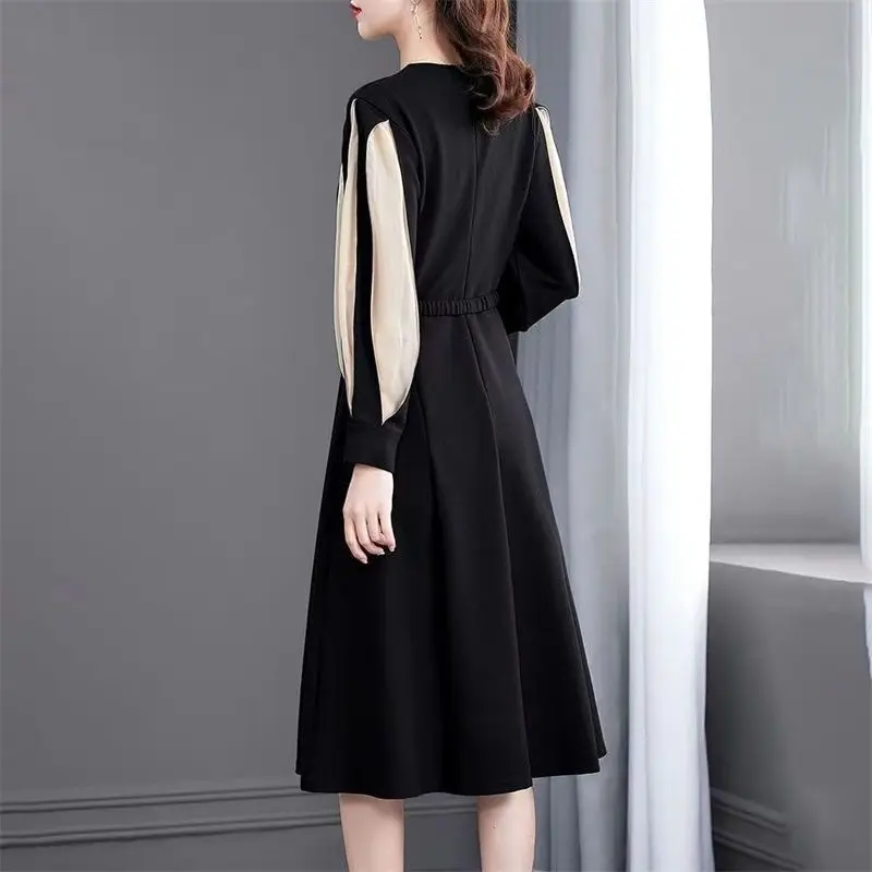 Office Lady Solid Color Patchwork Midi Dress Elegant V-Neck All-match Spring Autumn Sashes A-Line Waist Women's Pleated Dresses 5