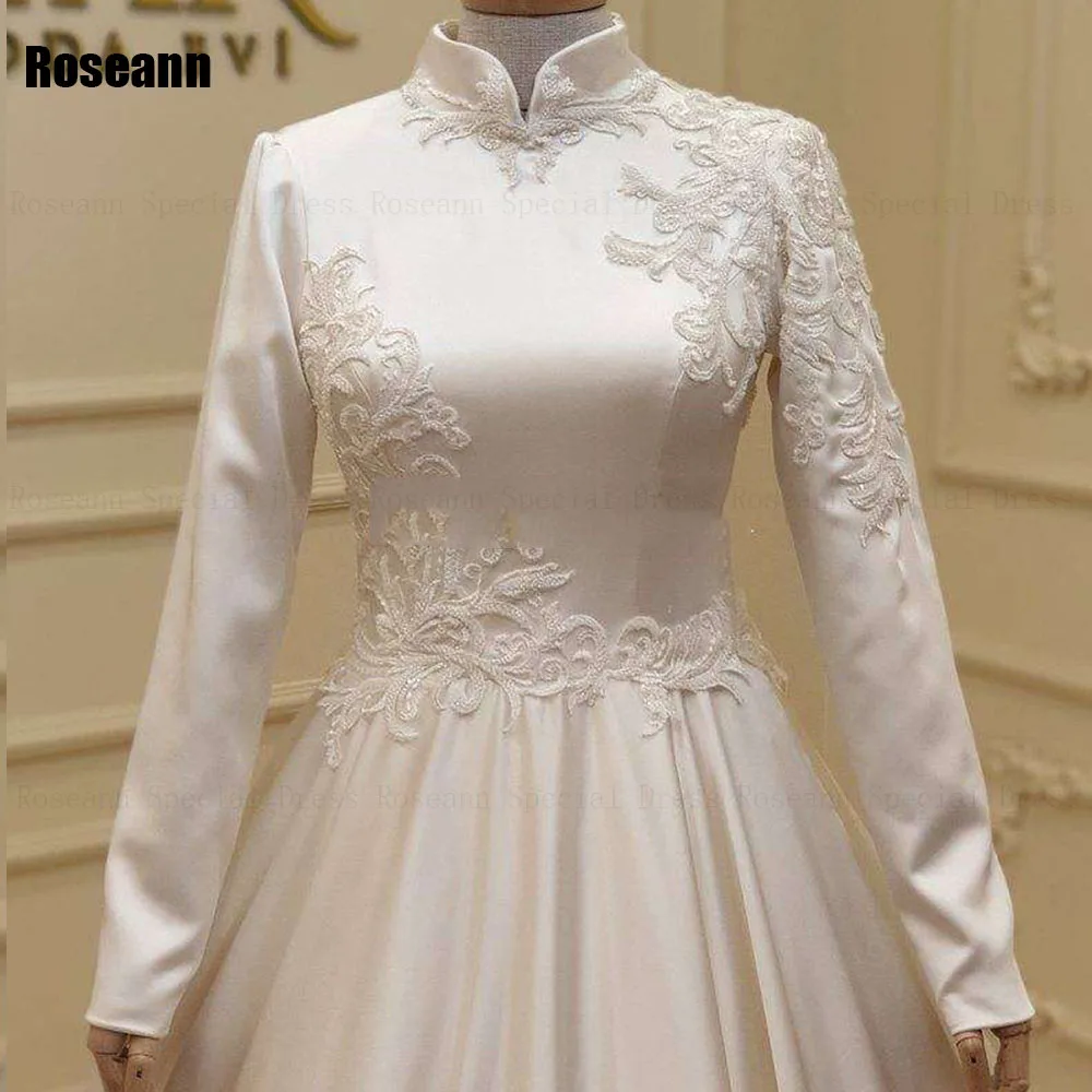 Muslim High Collar A-line Wedding Dresses Full Satin Applique Draped Pleat Floor Length Bride Dress Brush Train robe de mariée 2