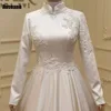 Muslim High Collar A-line Wedding Dresses Full Satin Applique Draped Pleat Floor Length Bride Dress Brush Train robe de mariée 2