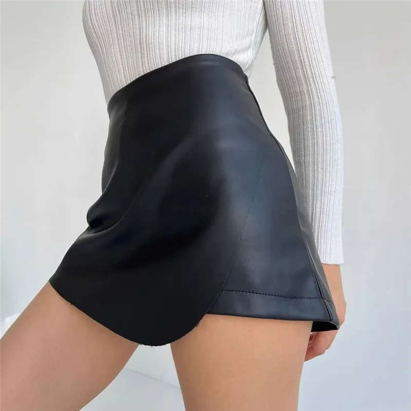 Shestyle Women Shorts High Waist Sexy Elegant PU Faux Leather Skirts Office Lady A-Line Asymmetrical Bottom Clubwear Workwear