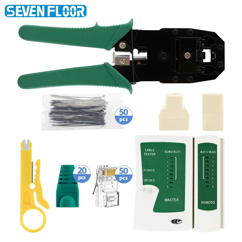 RJ45 크림핑 툴 키트 4P 6P 8P 이더넷 LAN 케이블 테스터 50개 Cat5..