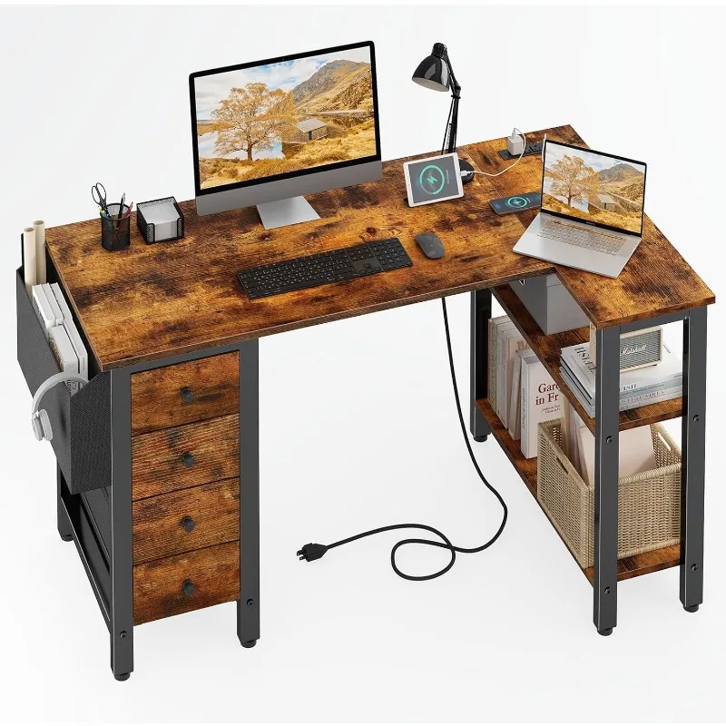 

L Shaped Desk with Drawers & Storage Shelves, 47 Inch Corner Computer Desk with Power Outlet for Home Office Bedroom,