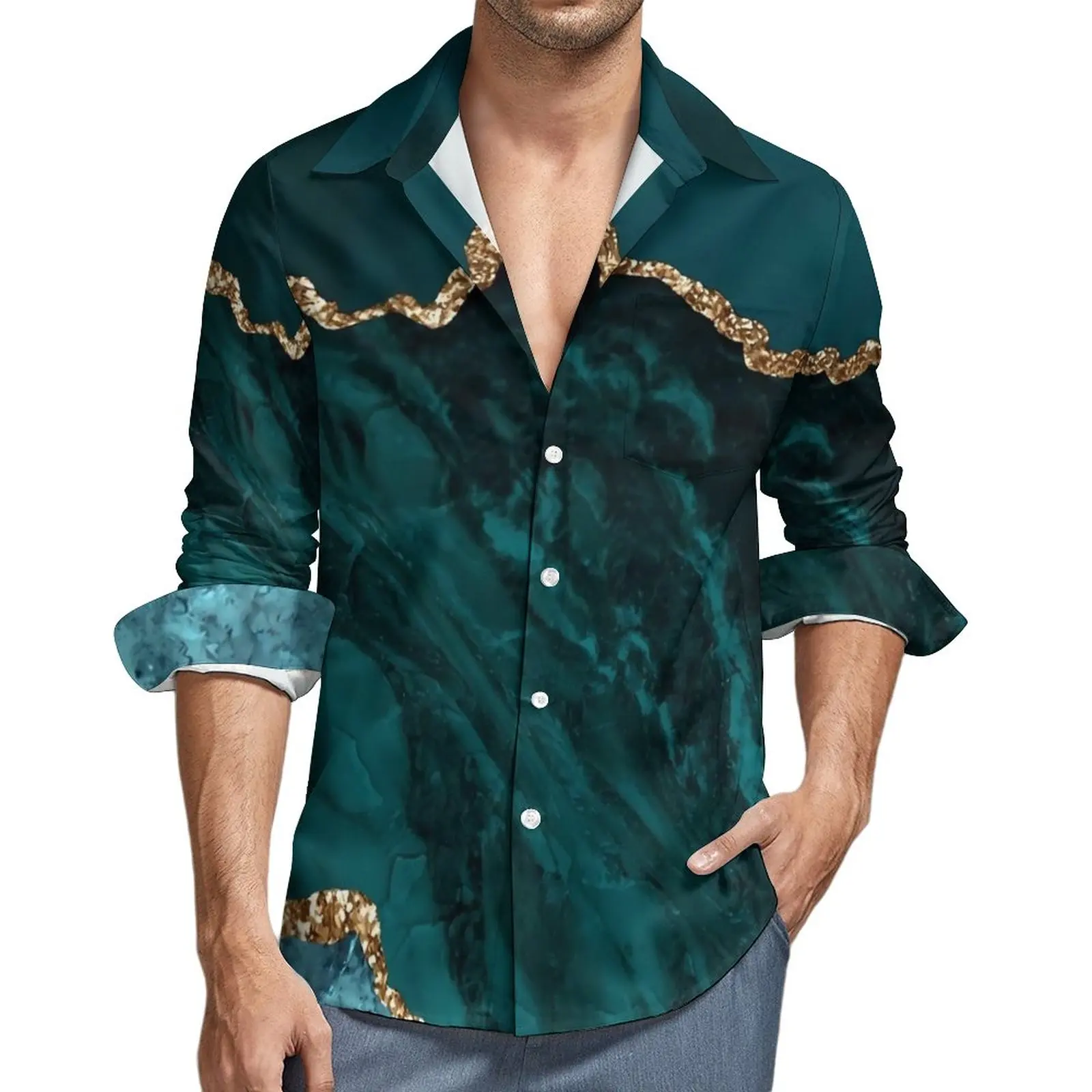 

Gold Marble Casual Shirts Mens Blue and Green Shirt Long Sleeve Fashion Aesthetic Blouses Autumn Graphic Clothing Big Size 4XL