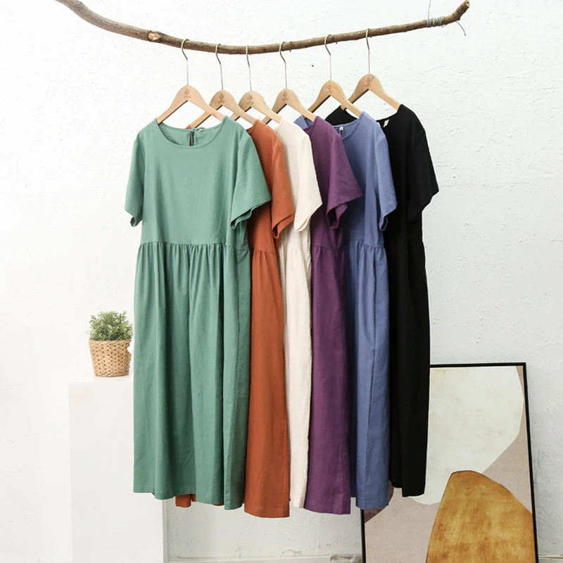 Summer Cotton Linen Women Dresses Vintage Short Sleeve Casual Loose Back  Bandage Harajuku Party Club Dress With Pockets - AliExpress
