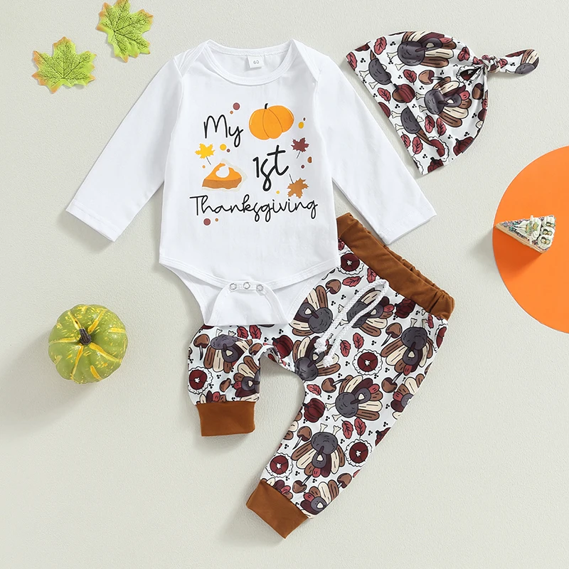 Adorable Baby Boy Thanksgiving Outfit Set with Letter Print Jumpsuit Pants and Hat-3 Piece Festive Clothing Ensemble
