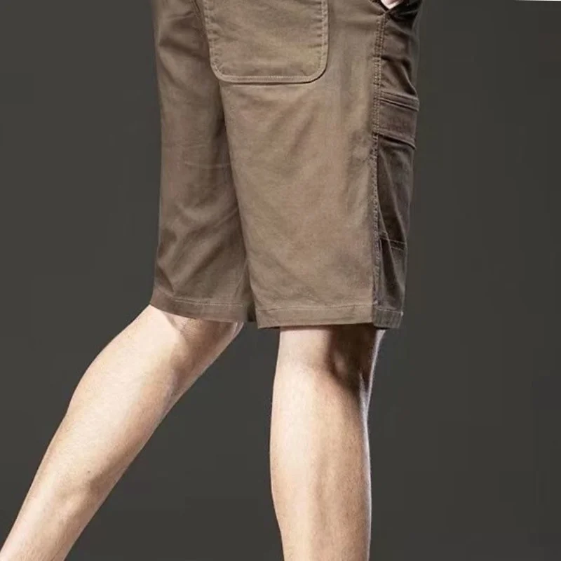 American Style Vintage Summer Casual Shorts Men's Solid Pocket Zipper Button Trend Versatile Straight Knee Length Cargo Pants