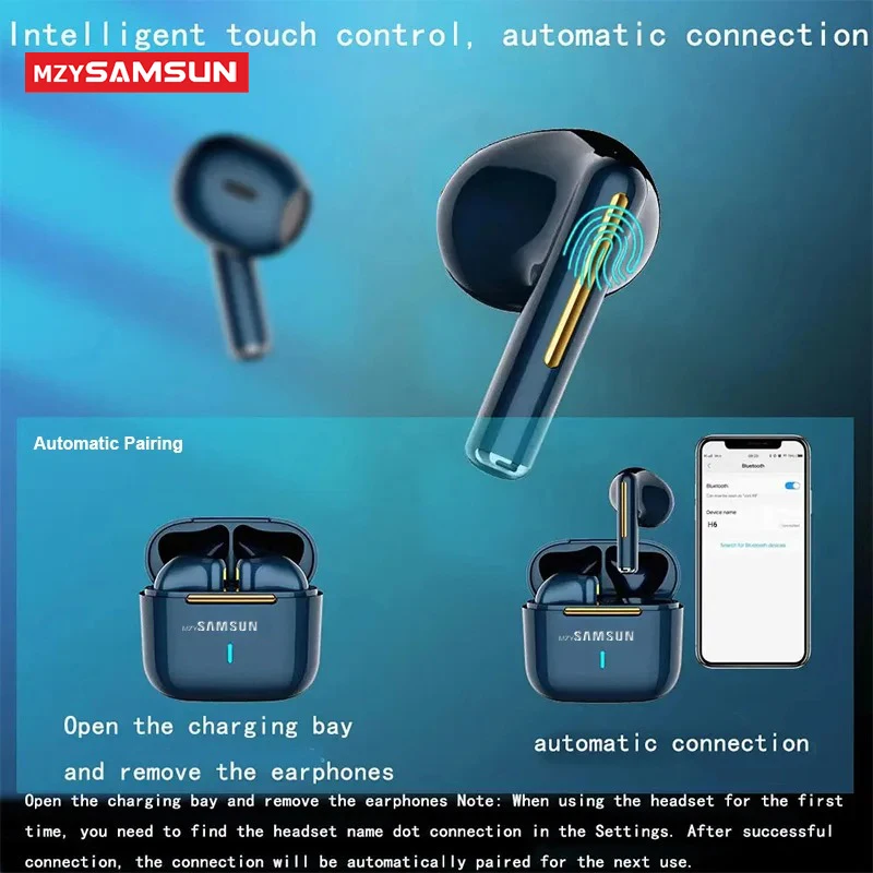 MZYSAMSUN H6 무선 헤드셋, 블루투스 5.2 이어버드, TWS 인이어 헤드폰, 터치 컨트롤, 게임 모션, 마이크 헤드셋