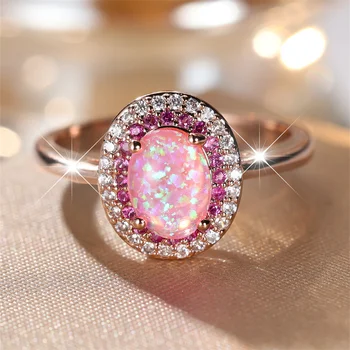 Elegant Pink Opal Big Oval Stone Rings For Women Vintage Rose Gold Color Engagement Promise Bands Wedding Jewelry Bridal Gifts