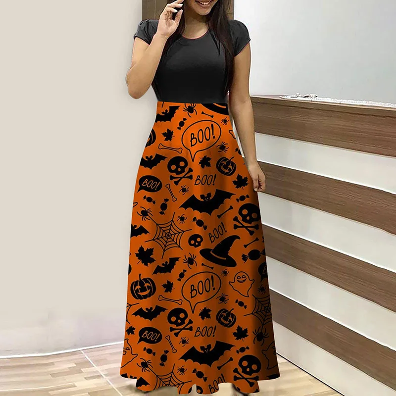 

Ladies Dress Halloween Autumn Winter New Pumpkin Bat Print Short Sleeve Patchwork High Waist Fashion Elegant Casual Slim Dress