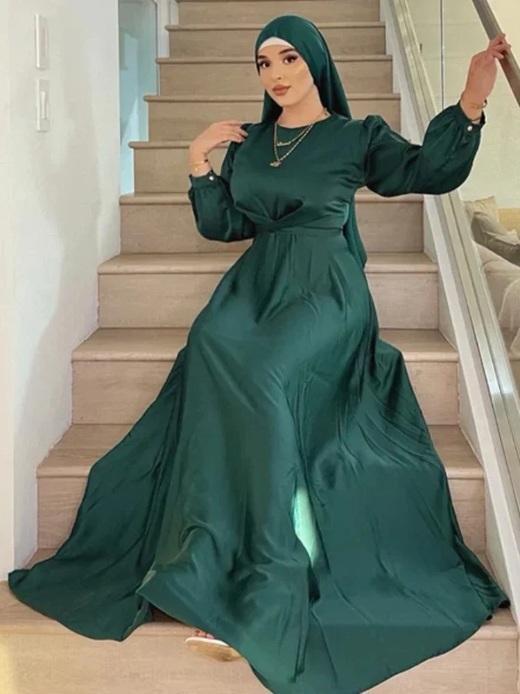 Satin Abaya Hijab Muslim Wrap Long Dress Eid Abayas for Women Dubai Luxury African Dresses Turkey Islam Modest Party Kaftan Robe