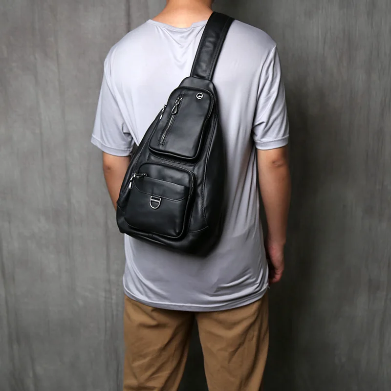 NZPJ Genuine Leather Men's Casual Chest Bag Large Capacity Solid Color Crossbody Bag Top Layer Cowhide Men Bag for 10-Inch iPad