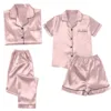 4PCS Women's Blue Pajamas Sets Silk Satin Top Pant Long sleeve Solid Button-Down Pyjamas Satin Set Nightgown Ladies Sleepwear 2