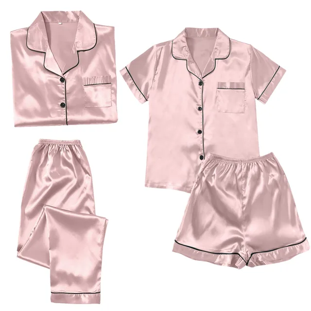 4PCS Women's Blue Pajamas Sets Silk Satin Top Pant Long sleeve Solid Button-Down Pyjamas Satin Set Nightgown Ladies Sleepwear 2
