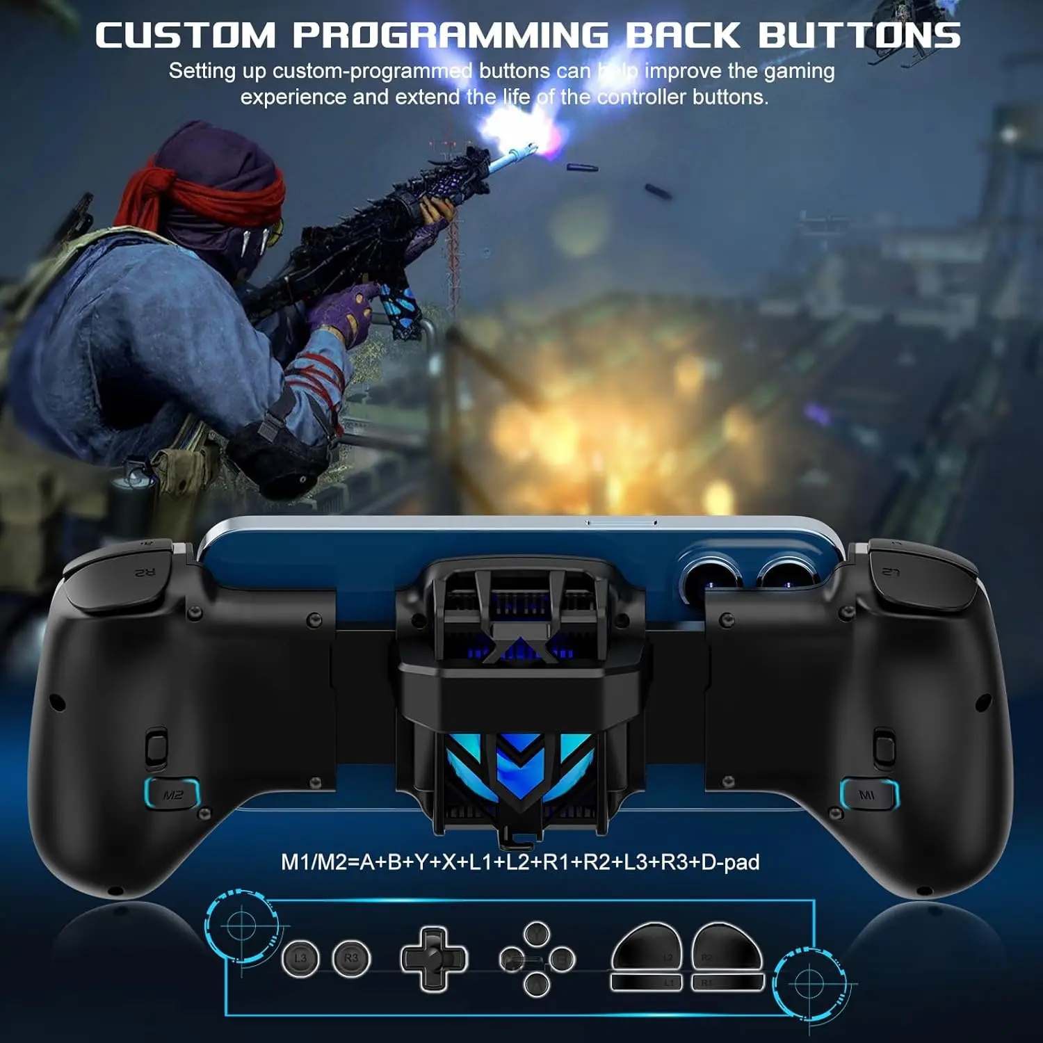 아이폰/안드로이드/PC/스위치/애플 아케이드 MFi 게임용 RGB 쿨러가 장착된 JK02 모바일 게임 컨트롤러(맞춤형 키, 터보 기능 포함)