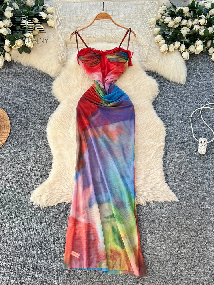 SINGREINY Colorful Gradient Mesh Dress Summer Slim lace Splice Spicy Girl Ameri…