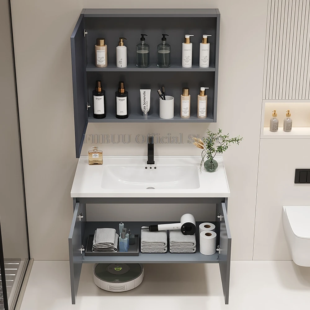 Wall Mounted Bathroom Cabinet Combination Washbasin Sink Vanity Ceramic Integrated Toilet Washbasin with Mirror CabinetFurniture