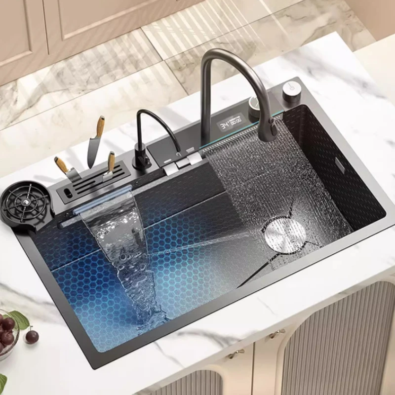 

Digital Display Flying Rain Waterfall sink Nano 304 stainless steel large single groove Kitchen vegetable washing basin