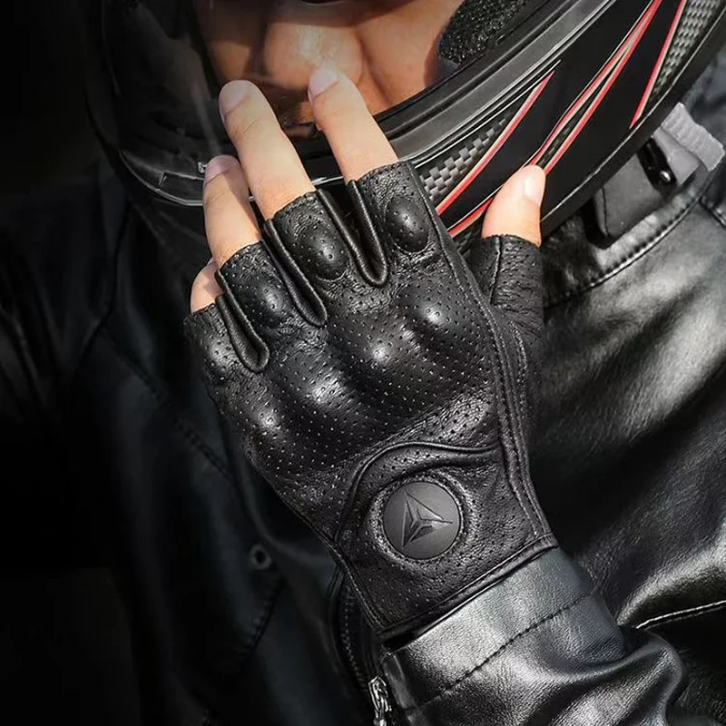 Motorcycle Gloves Half Finger Leather Summer Fingerless Racing Tactical Retro