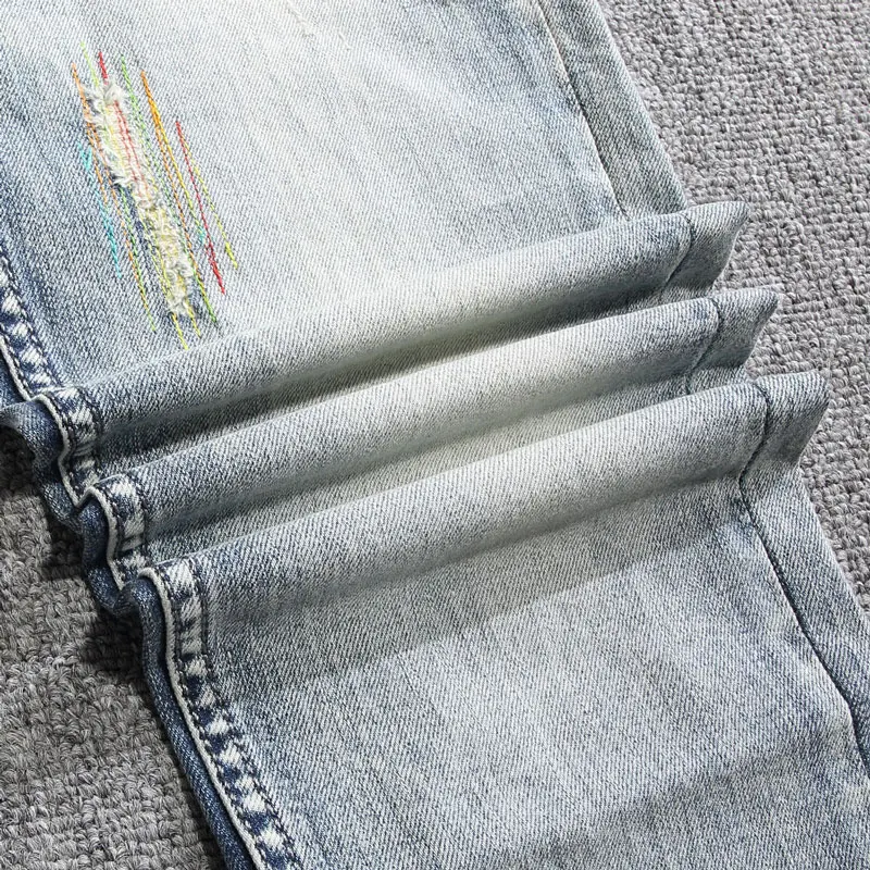 Fashion Designer Men Jeans Retro Light Blue Stretch Slim Fit Ripped Jeans Men Korean Style Embroidery Vintage Casual Denim Pants