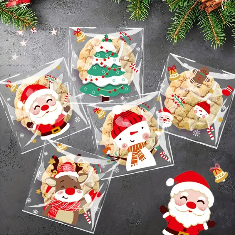 100pcs Christmas Treat Bags Self-Sealing Disposable Opp Candy Cookie Pouches With Festive Cartoon Designs For Holiday Gifti