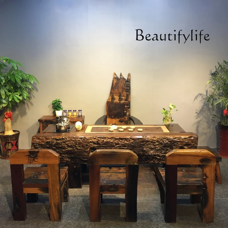 

Solid Wood Kung Fu Tea Table Keel Conch Hole Tea Table Tea Table Retro Large Table-Chair Set