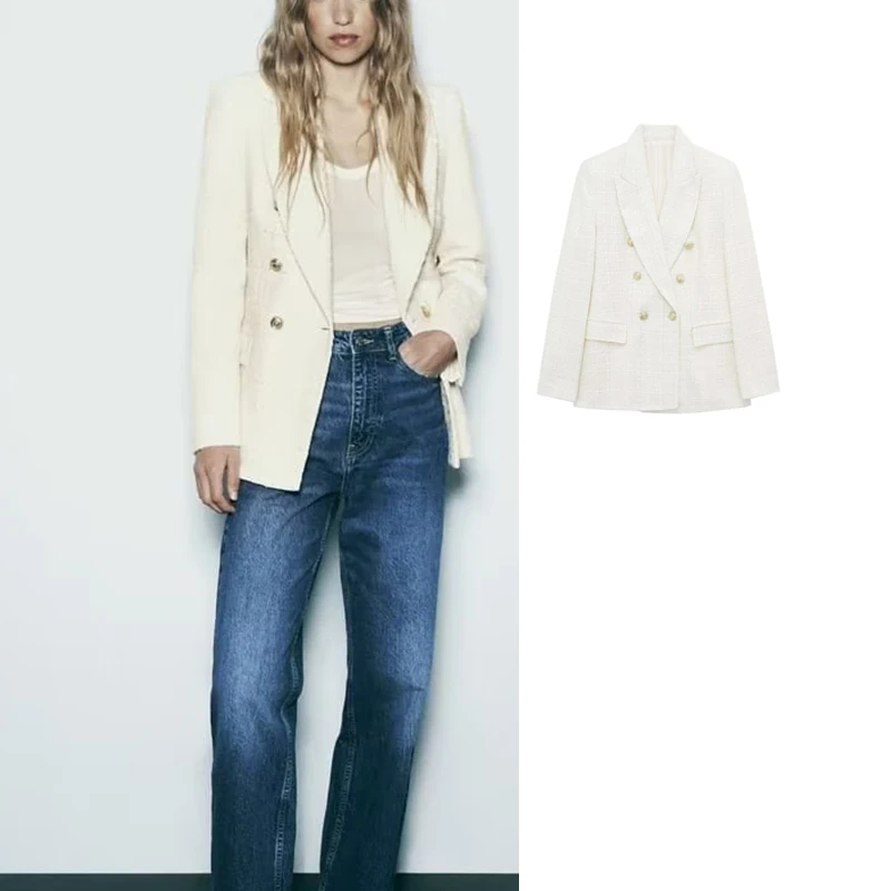 

TRAF Tweed Blazer Women Double Breasted Elegant Women's Blazer Office Casual Autumn Jacket Woman Long Sleeve Jacket