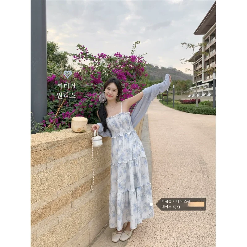 차 브레이크 나무 귀 가장자리 조각난 꽃 Strapless 드레스 여성 여름 2024 새로운 휴가 해변 긴 드레스 