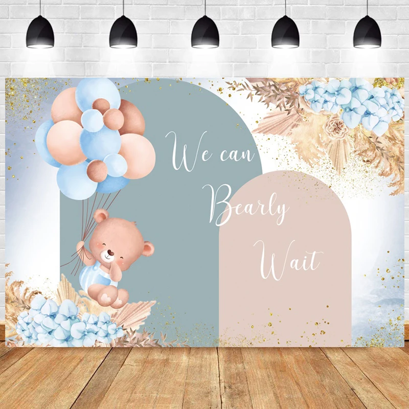 

Background for Baby Shower Decoration Boho Pampas Grass Flowers We Can Bearly Wait Teddy Bear Arch Backdrop Photography Banner