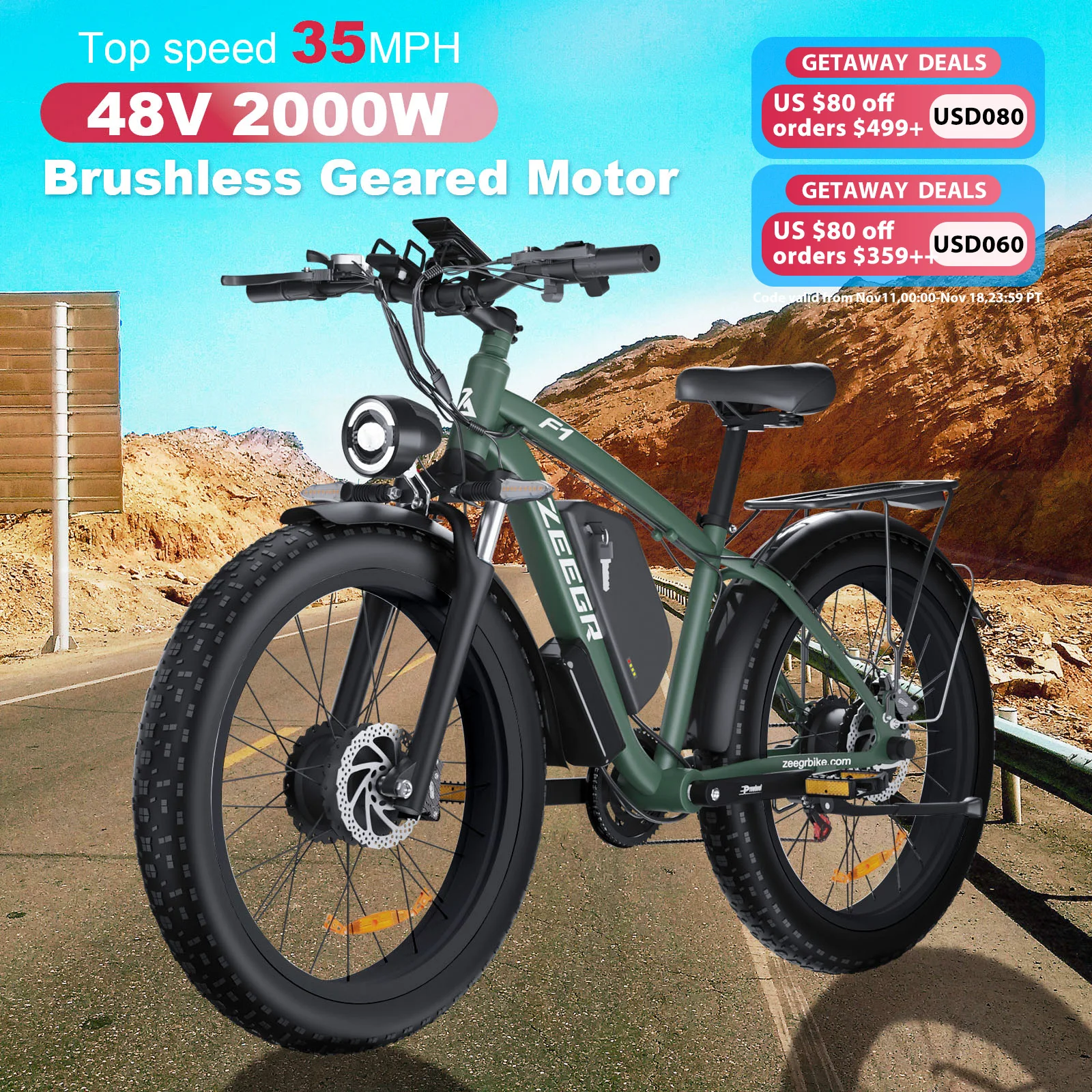 Zgeer F1 48v 2000w ebike full suspension power bicycle with ce 26 inch fat tire hidden dual battery snow beach electric bike