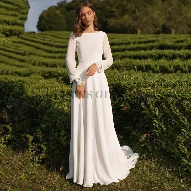 

Chiffon Wedding Dresses Long Sleeves Floor Length Open Back Lace Appliques For Women Custom Made Civil Robe De Mariee