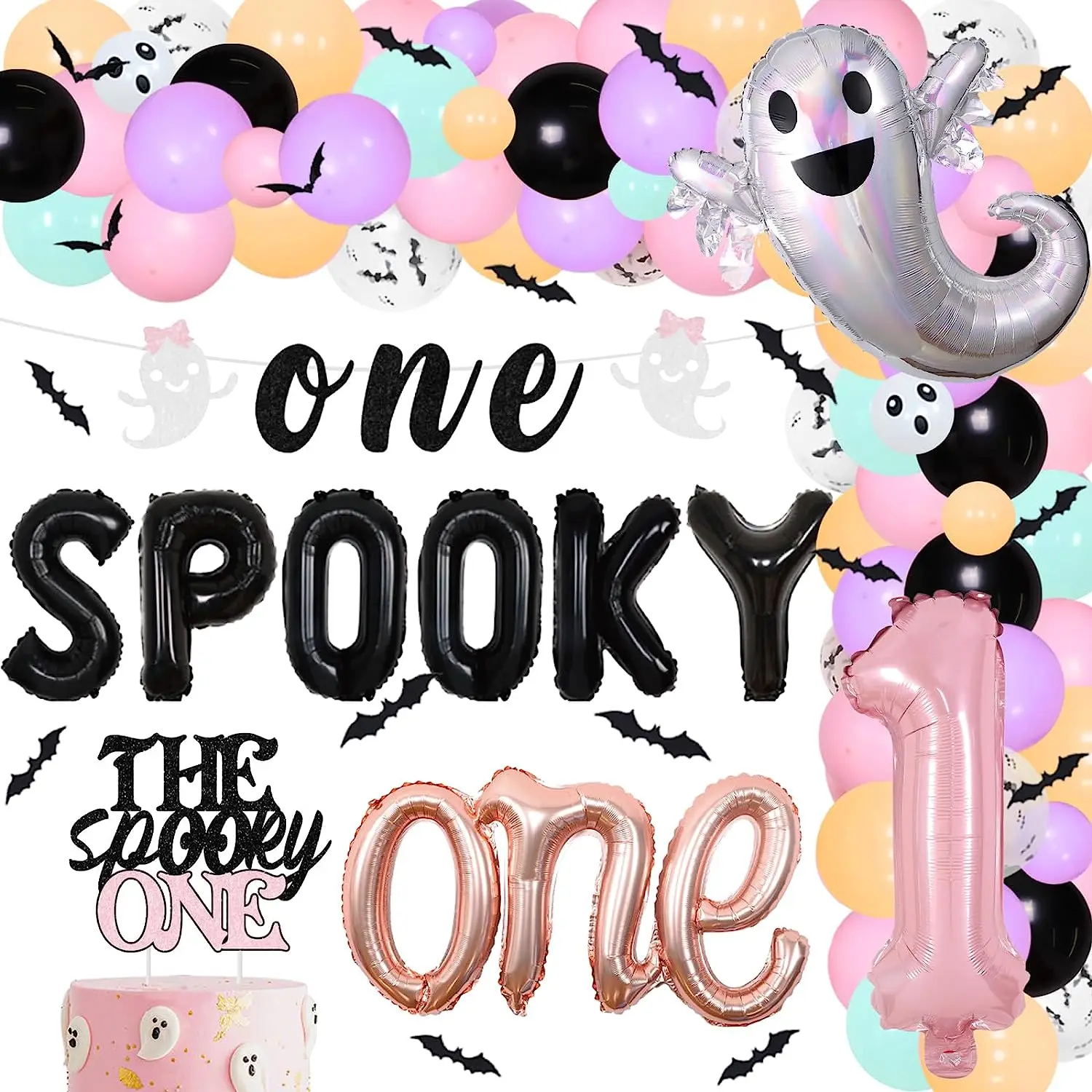 

Happy Birthday Party Decorations for Girls, Pastel Balloon Arch Kit, The Spooky One 1 Ghost Balloon Banner, Party Supplies