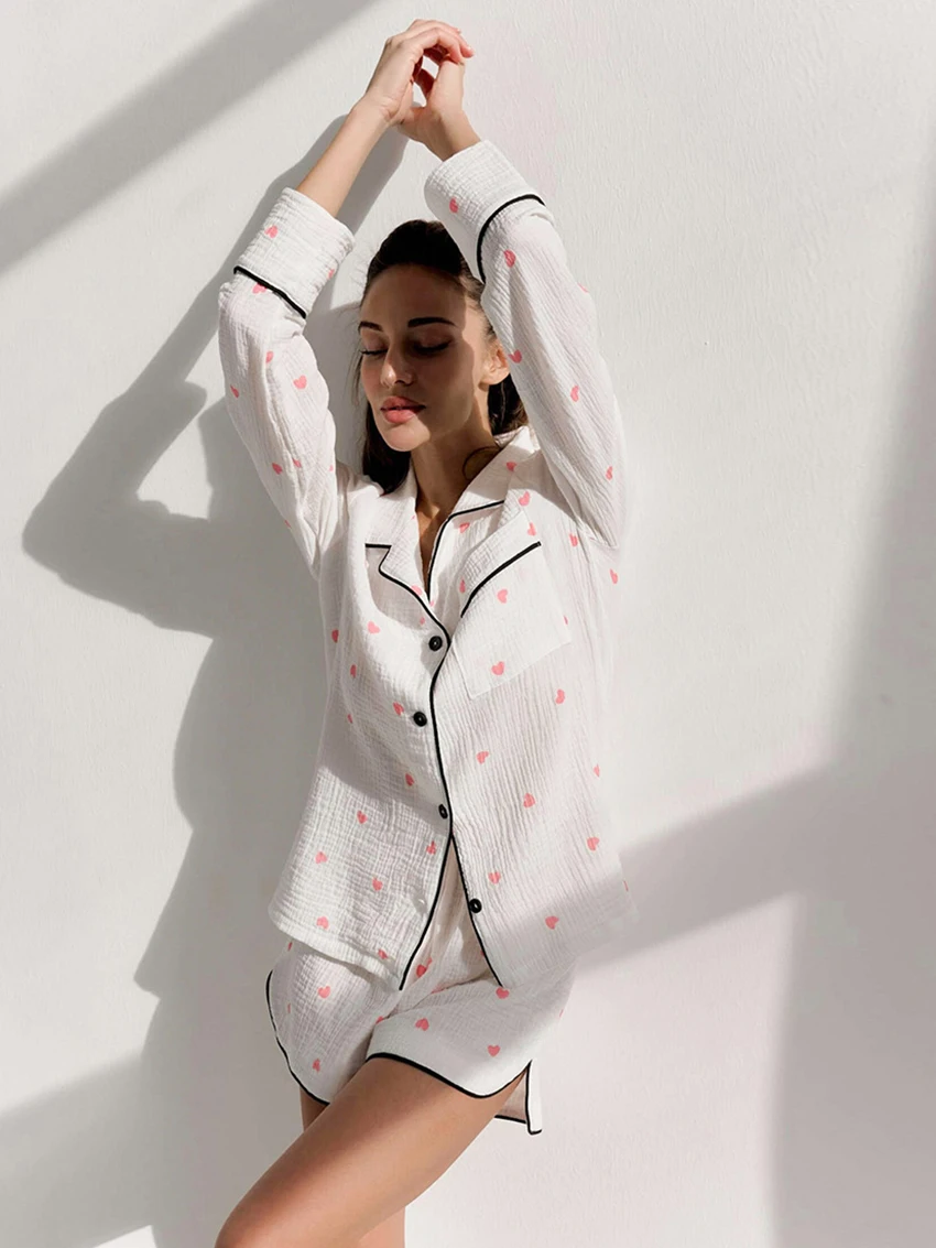 Marthaqiqi Loose Women Nightwear Set Sexy Turn-Down Collar Sleepwear Long Sleeve Pajama Shorts Casual Printing Femme Pyjama Suit