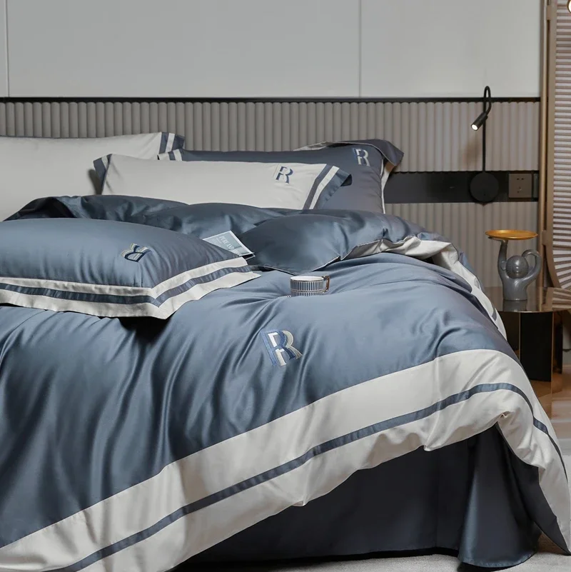 

100% Egyptian Cotton White Blue Patchwork Embroidery Duvet Cover Bedding Set Ultra Soft Comforter Cover Bed Sheet Pillow shams