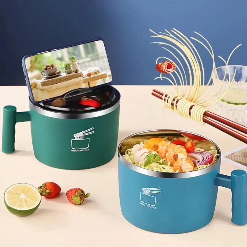 Stainless steel instant noodle bowl lid drain outlet student dormitory easy wash ramen bowl